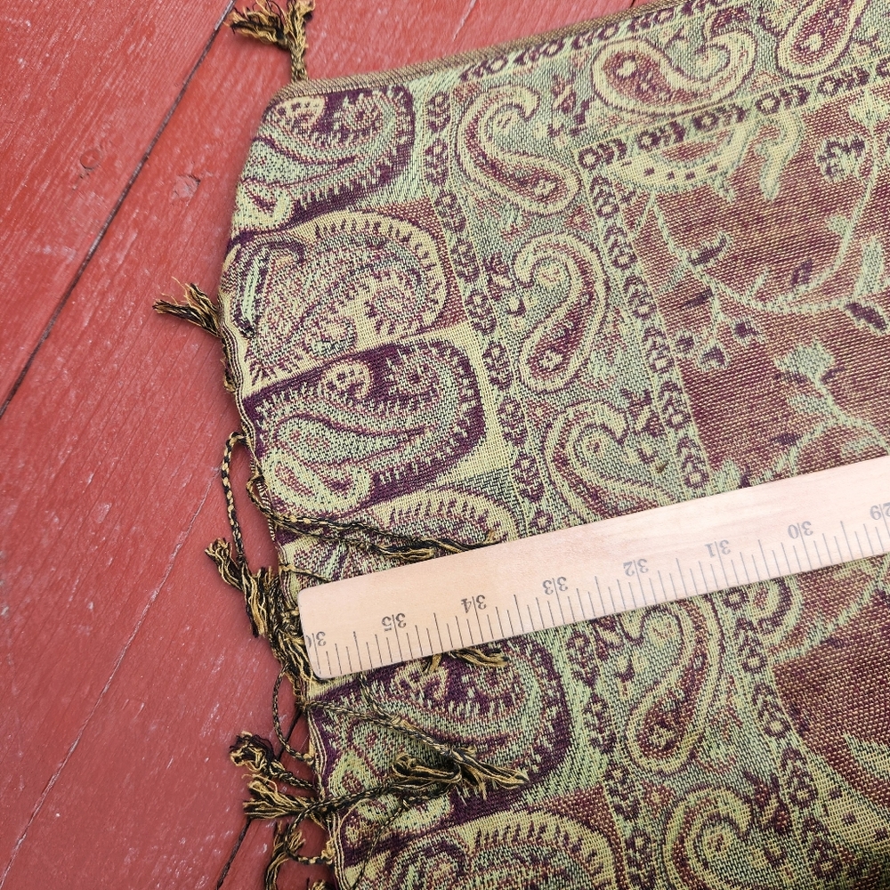 PASHMINA Scarf Paisley Green Tan Silk Fringe Shawl Wrap 26 x 70 - Picture 5 of 6